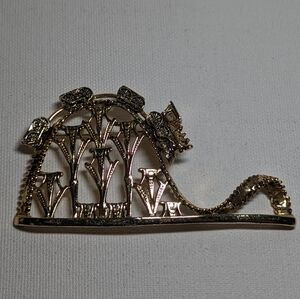 Golden Vintage Roller Coaster Train Track Bridge Large Brooch Pin Art Deco Style